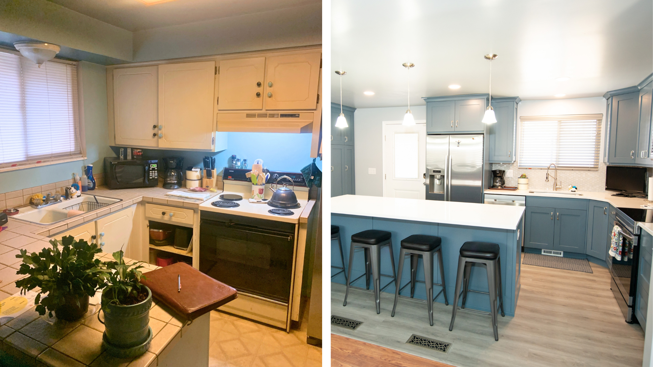 Before-and-after Lehi kitchen remodel showing an older enclosed kitchen transformed with blue cabinetry, a large island, and updated finishes.