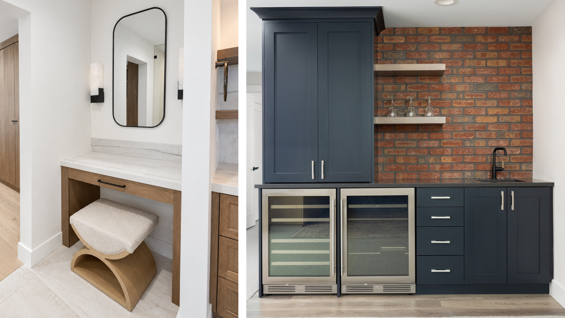 Salt Lake City home remodel featuring a custom vanity area and built-in bar with dark cabinetry and exposed brick.