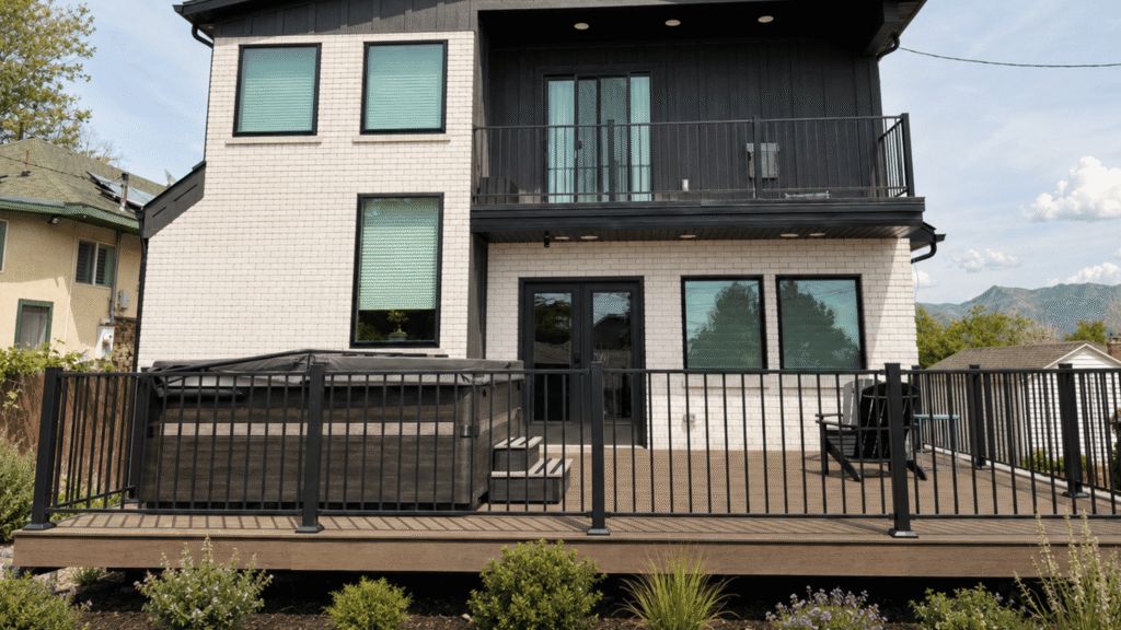Finished backyard Trex deck with black railings, a hot tub, upper balcony, and mountain views at a Salt Lake City remodel.