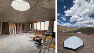 Large octagonal skylight bringing natural light into the primarily underground custom home.